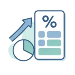 Calculadora de porcentagem com gráfico e seta azul — ilustração flat educativa.