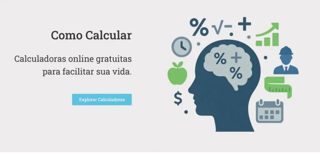 Ilustração do site Como Calcular com símbolos matemáticos, gráficos, calendário e ícones representando finanças, nutrição e trabalho.