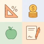 Ilustração em flat design com quatro ícones representando matemática, finanças, nutrição e trabalho, simbolizando a escolha de uma área de cálculo.