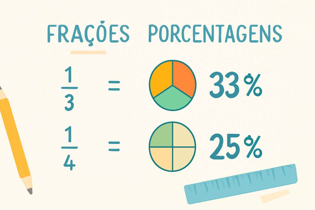 Como calcular porcentagem com fração: exemplos de conversão de 1/3 para 33% e 1/4 para 25%, com gráficos ilustrativos coloridos.