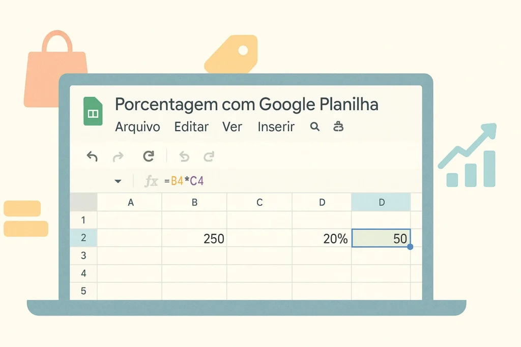 Tela do Google Planilhas com cálculo de porcentagem destacado, mostrando a fórmula e o resultado.