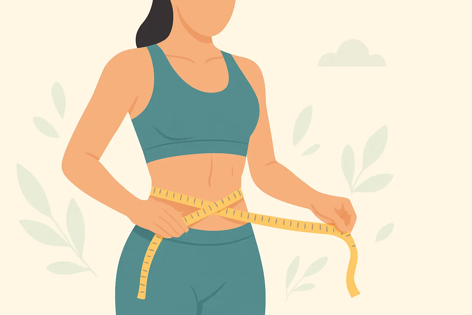 Pessoa em forma medindo a cintura com uma fita métrica, representando o cálculo da gordura corporal de forma saudável.