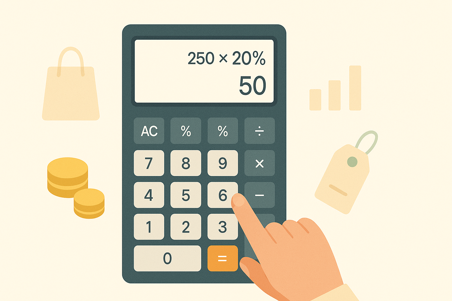 Mão pressionando o botão de porcentagem em uma calculadora, mostrando o cálculo 250 × 10% com o resultado 25, em um fundo neutro.