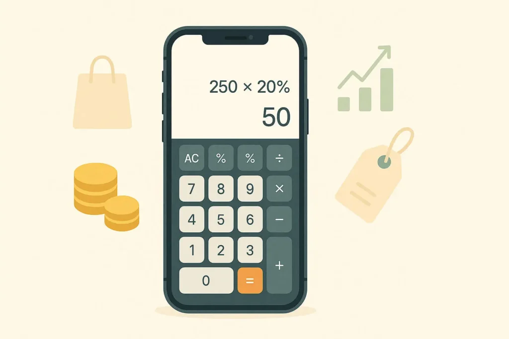 iPhone com aplicativo de calculadora aberto realizando um cálculo de porcentagem, com elementos que representam finanças e consumo ao redor.