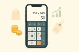 iPhone com aplicativo de calculadora aberto realizando um cálculo de porcentagem, com elementos que representam finanças e consumo ao redor.