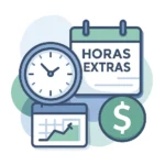 Relógio, calendário e símbolo de dinheiro para representar cálculo de horas extras.