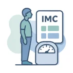 Pessoa ao lado de balança e gráfico de IMC — saúde e bem-estar visualizados.