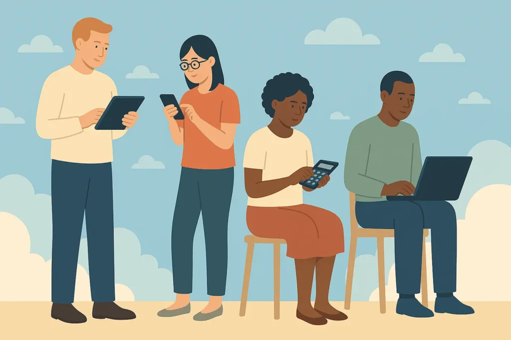 Pessoas diversas utilizando tablet, smartphone, calculadora e laptop para realizar cálculos, em ilustração flat com fundo de céu e nuvens.