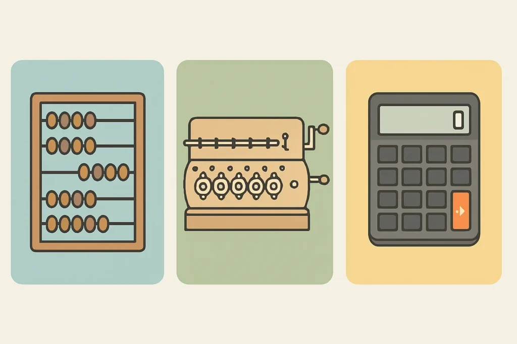 Ilustração flat design da evolução das calculadoras, mostrando um ábaco, uma calculadora mecânica antiga e uma calculadora eletrônica moderna, cada uma com um fundo de cor diferente.